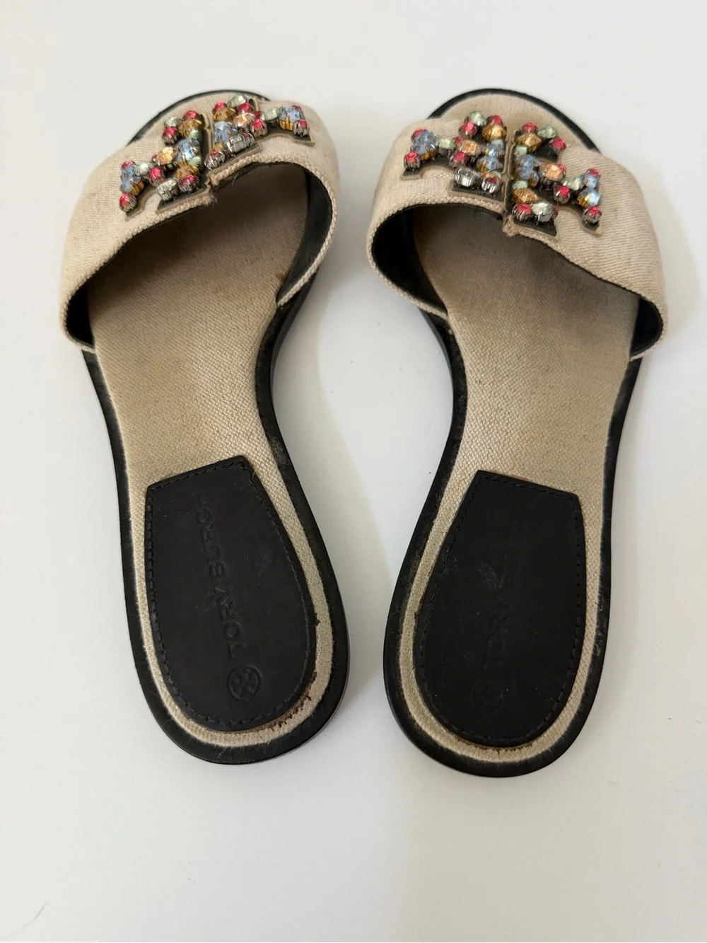 Tory Burch 10mm Ines Embellished Linen Slides in Neutral, Size 7